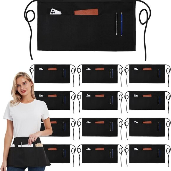 12 Pack Server Aprons with 3 Pockets - Waitress Half Aprons for Women Men Water - Picture 1 of 8